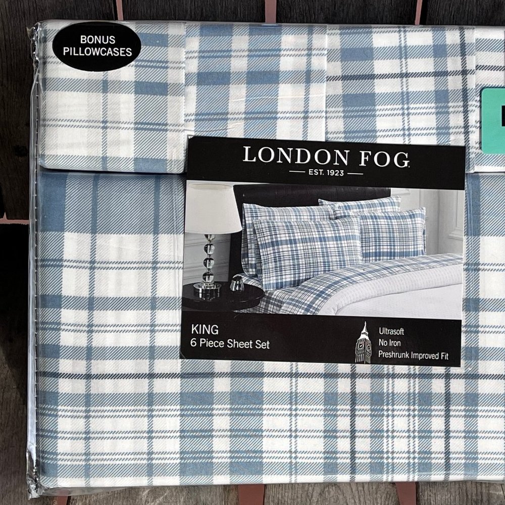 6-pc London Fog QUEEN SIZE Sheet Set - BLUE WHITE PLAID - 2 EXTRA PILLOWCASES